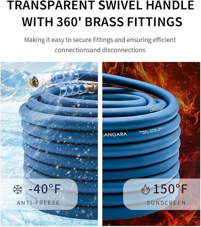 Heavy Duty Premium Garden Hose 100ft x 5/8, 300PSI Working, 1000PSI Burst, Hybrid Rubber Water Hose with Transparent Swivel Handle - Hot/Cold Water - Five Layered Braiding with Brass fittings (Blue)