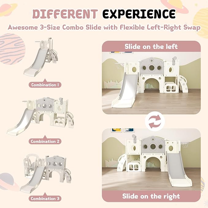 8 in 1 Toddler Slide, Outdoor Indoor Playset for Kids Baby Age 1 2 3, Childs Climber Slide with Storage Space and Non-Slip Steps, Basketball Hoopa and Telescope, Gray & White