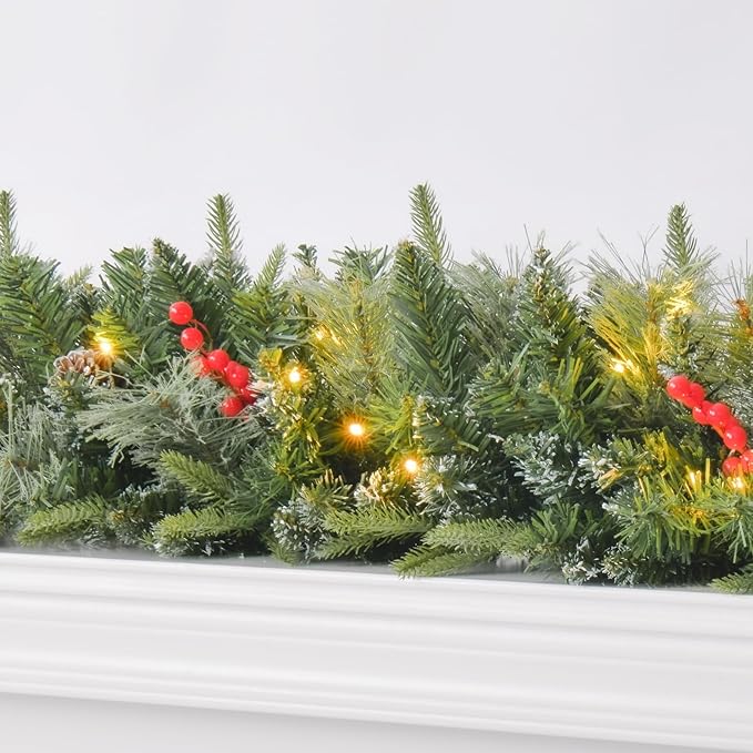 9FT Prelit Christmas Garland Decorations Snow with Dual Color LED Lights and Timer by Remote Control and Batteries Operated, Home Mantle Stairs Railing Fireplace Outdoor Indoor Wall