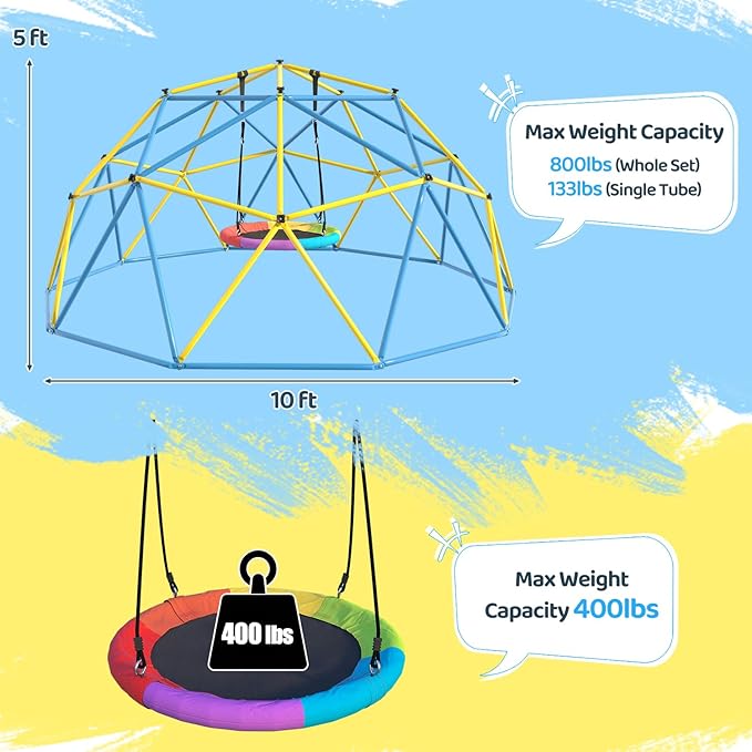 Climbing Dome,10 FT Dome Climber with Rainbow Saucer Swing Outdoor&Indoor Anti-Rust Metal Jungle Gym For Backyard Play Equipment Geometric Dome Toddler Climbing Toys Great Gift for Kids Aged 3 to 8