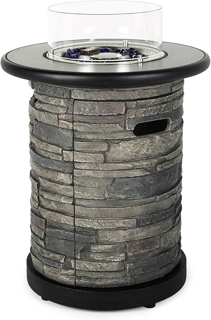 Outdoor Propane Fire Pit Table, Round Porcelain Tile Top 22 Fire Bowl Column W/ 40,000 BTU Firepit Table Auto-Ignition 400D Cover Glass Rocks for Outside Patio