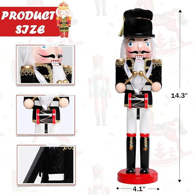 Christmas Nutcracker Decorations Nutcracker Figure 15 Inch Wooden Nutcrackers Collectible Ornament Nutcrackers Soldier for Table Desktop Home Christmas Decor Xmas Indoor Decor Black Hat beat a drum
