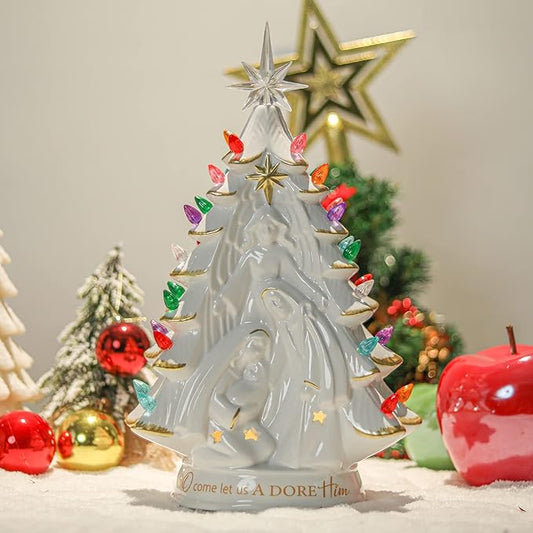 Ceramic Christmas Tree Nativity 14 Inch Tabletop Christmas Tree Vintage Christmas Decoration Battery Operated White XmasTree with Multicolored Lights and Star