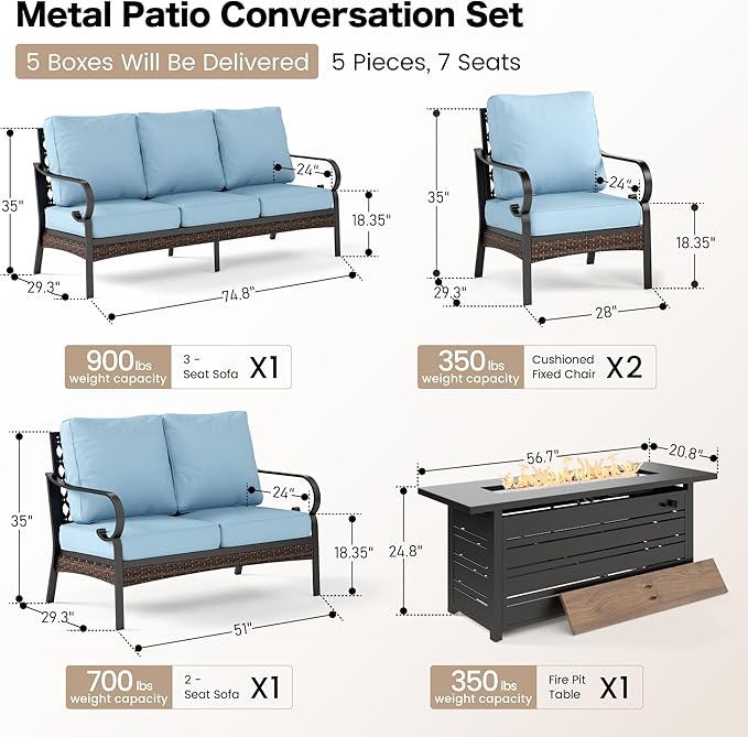 5 Piece Metal Outdoor Patio Furniture Sets with Firepit Table, Patio Conversation Sets 1 3-Seater Sofa, 1 2-Seater Loveseat, 2 Single Sofa with 5.75" Cushion for Backyard Deck, Blue