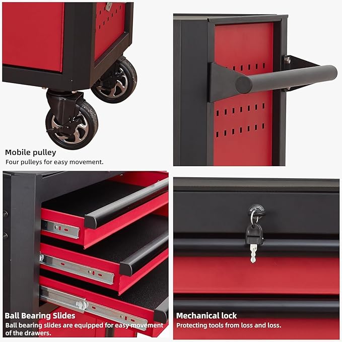 Rolling Tool Chest with Locking Wheels - Tool Box with 3 Drawers & 1 Big Tool Cabinet with 2 Door, 18.5 D x 28 W x 40 H Mobile Tool Storage Cabinet, Heavy-Duty Garage Organizer w/Ergonomic Handle