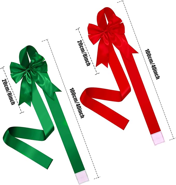BBTO 6 Pcs Christmas Cabinet Door Red Green Festive Ribbons 8x40 Inches Large Bow Christmas Wreath Tree Bow Festival Wrapping Decorations for Home Fireplace Door Chair Holiday Party Supplies