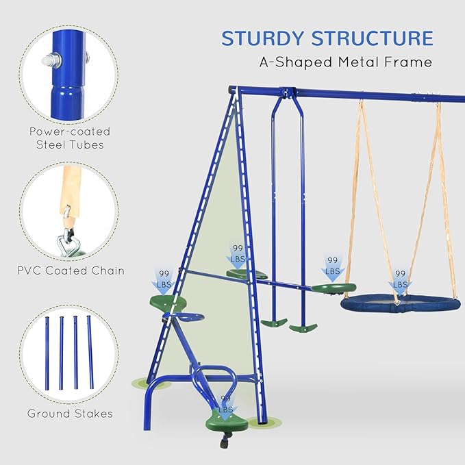 Outsunny Swing Set for Backyard, 5 in 1 Heavy-Duty A-Frame Stand Outdoor Playset for Kids with 29.5 Saucer Swing, Slide, Seesaw, Glider, Swing Seat, Blue