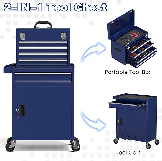 Rolling Tool Box with Wheels, 5-Drawer High Capacity Tool Chest with Wheels, Removable Storage Toolbox with Lock for Garage, Workshop (Darkblue)