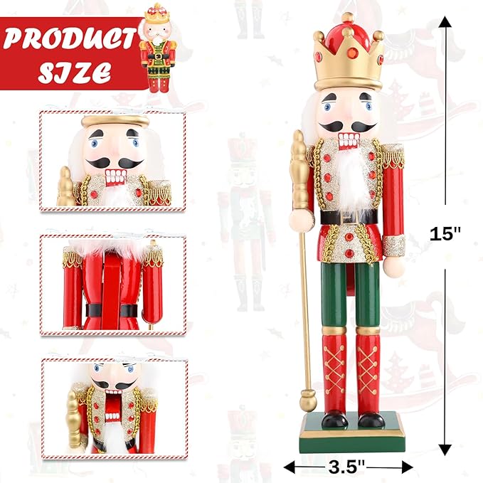 Christmas Nutcrackers Figure 15Inch 1PCS Wooden Nutcracker Ornament Nutcracker Christmas Decoration Figures for Desktop Home Decor Kids Gift Red