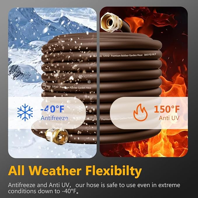 Garden Hose 25FT x 3/4, Heavy Duty Rubber Hose, Water Hose with Five Layered Braiding, Male to Female Fittings, 1000PSI Burst, 300PSI Working (Brown)