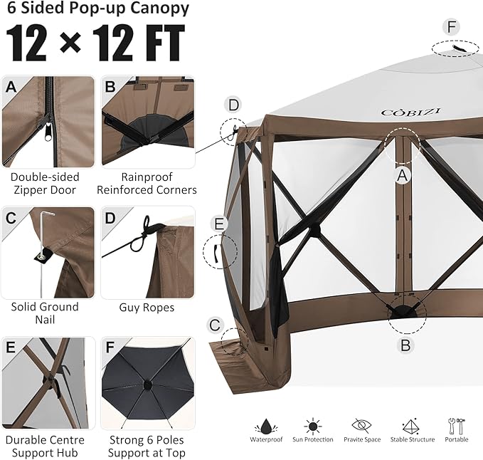 COBIZI 12x12ft Pop up Canopy Tent Gazebo on Clearance Screen Tent, Outdoor Screened Gazebo with Sidewalls, Portable Screen House for Camping with Carrying Bag and Ground Stakes, Brown(Upgraded 2.0)