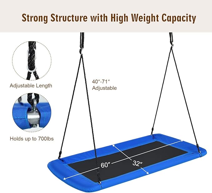 Costzon 700lb Giant 60'' Platform Tree Swing for Kids and Adults, Wear- Resistant Indoor/Outdoor Rectangle Swing with Durable Steel Frame and 2 Hanging Straps for Porch, Backyard (Blue)