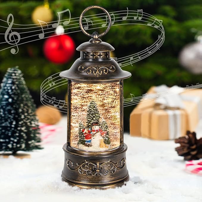 Christmas Snow Globes, Glittering Snowman Christmas Tree Christmas Lantern with 8 Christmas Music Songs, USB & Battery Operated 6h Timer Christmas Music Box for Christmas Decor Indoor Tabletop Gifts