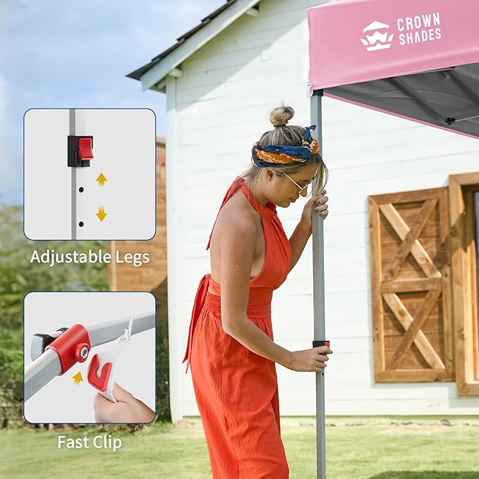 CROWN SHADES Canopy Tent, 10 x 10 Foot Portable Pop Up Outdoor Shelter with 1 Sidewall, Easy 1 Push Center Lock, UV Protection, and Carry Bag, Pink