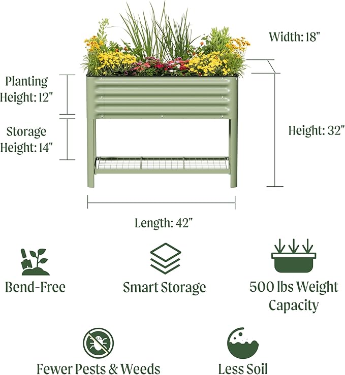Rolling Elevated Raised Garden Bed - Slim Series, 1.5' x 3.5' Outdoor Planters Boxes with Legs & Storage Rack for Patio, 500 Lbs Weight Capacity, Raised Beds for Gardening Herbs Flowers, Modern Gray