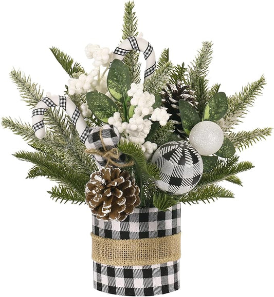 Super Holiday Small Winter Buffalo Check Plaid Christmas Tree, Artificial Mini Tabletop Christmas Tree Decorations with Xmas Ornaments, for Home Party Thankgivings Decor, Black/White-Indoor