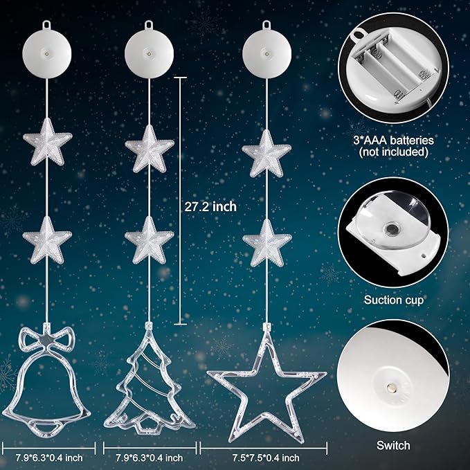[Timer 3Pcs Christmas Window Lights Decorations,Battery Powered Christmas Hanging Warm White Lighted Tree Bell Star Shaped LED Sucker for Xmas Tree Fireplace Indoor Outdoor Decor
