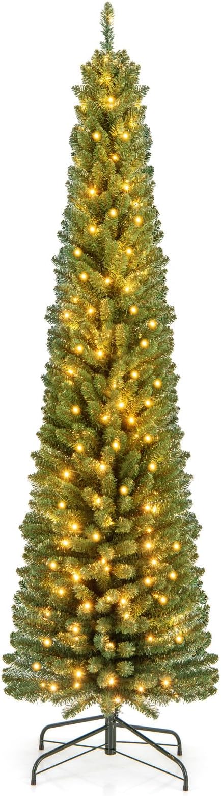 GOFLAME 7FT Prelit Pencil Christmas Tree, Slim Artificial Xmas Tree with 523 Memory Wire Branch Tips, 190 Warm White LED Lights & Upgraded Metal Stand, Seasonal Holiday Decoration Tree for Home Party