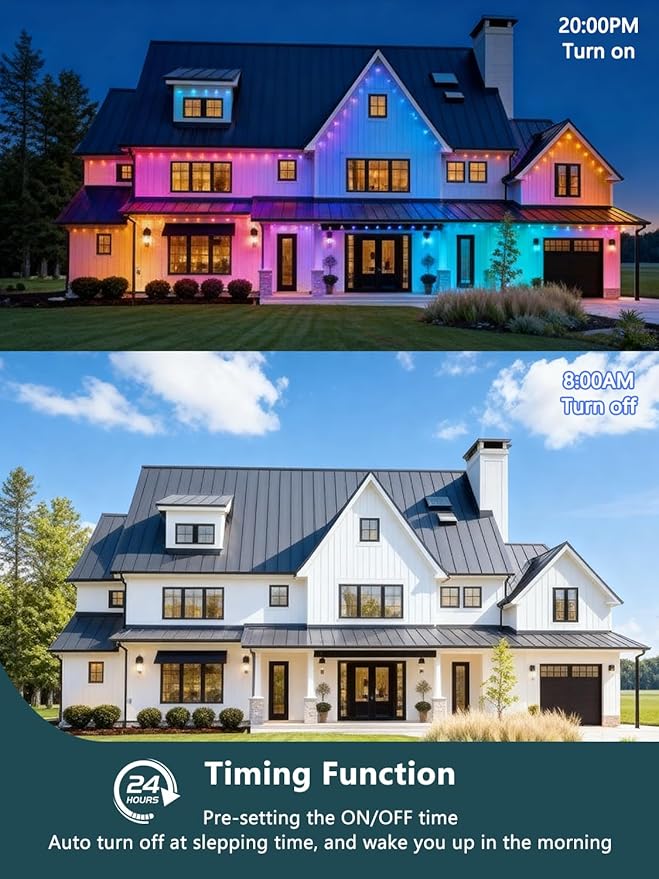 50FT Permanent Outdoor Lights Pro, RGBIC Smart Eave Lights IP67 Waterproof, 120 Scene Modes with 596lm RGB for Outdoor Decorations, Christmas, Smart App/Remote, Works with Alexa, Google Enabled, White