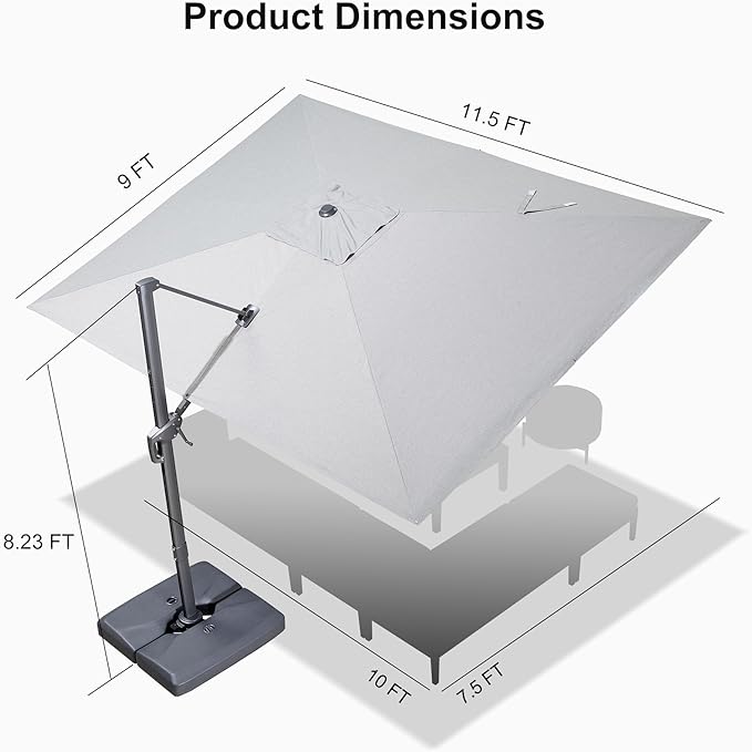 PURPLE LEAF 9' X 11.5' Rectangle Patio Umbrella Outdoor Large Aluminum Cantilever Umbrella with 3-Year Fade Resistance Recycled Fabric and 360-degree Rotation for Deck Pool Garden, Pebble Grey