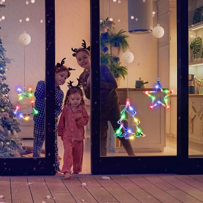 3Pack Christmas Window Lights Decorations with Timer, Battery Powered Multicolor LED Sucker for Xmas Tree Fireplace Indoor Decor