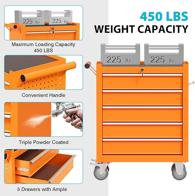 5 Drawers Rolling Tool Chest, Portable Storage Tool Box with Wheels, Tool Chest with Lock for Warehouse, Garage, Repair Shop and Tool Room (Orange)