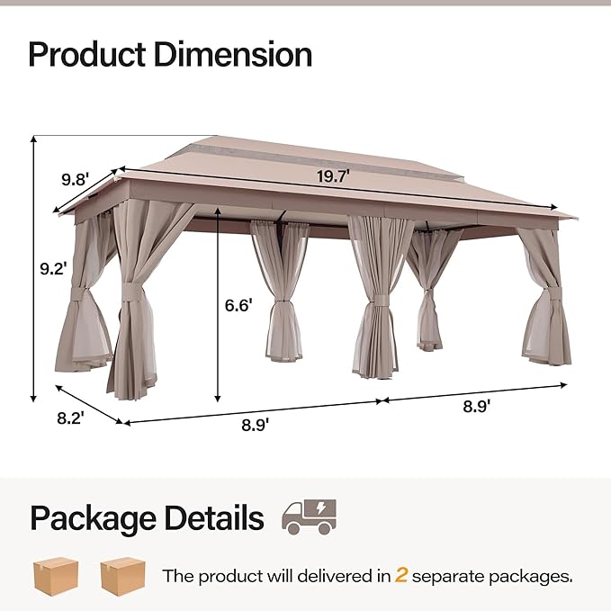 LAUSAINT HOME Semi-Permanent Patio Gazebo 10'x20' with Expansion Bolts, Outdoor Heavy Duty Party Tent with Double Roofs, Nettings and Privacy Screens for Backyard, Garden, Lawn, Champagne Khaki