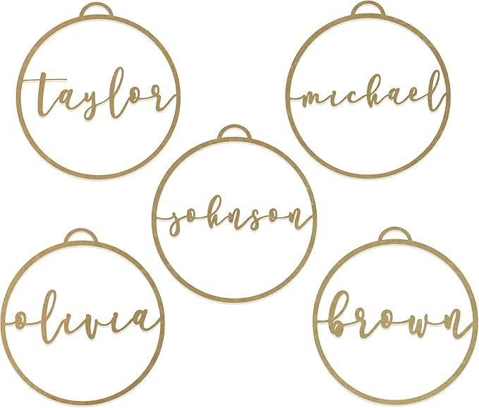 Minimalist Custom Ornaments (5 Pack; 9 inch) - Personalized Modern Metal Cursive Name Christmas Ornaments for Christmas Tree