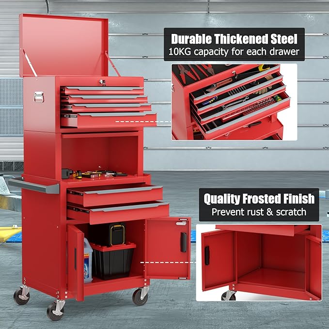 ERGOMASTER Large Rolling Tool-Chest with 6 Drawers Heavy Duty Tool-Box on Wheels Lockable and Lock System Cabinet for Garage Workshop(28 x 13 x 53''-Red)