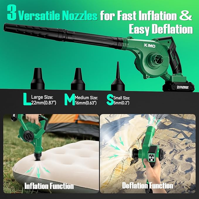 K I M O. Cordless Leaf Blower and Vacuum Combo 4 In 1, 3 Nozzles for Inflation and Deflation, 190MPH/260CFM, Smart Panel with 3 Modes, 20 Extended Tube, 2000mAh Battery Cordless Blowers for Lawn Care