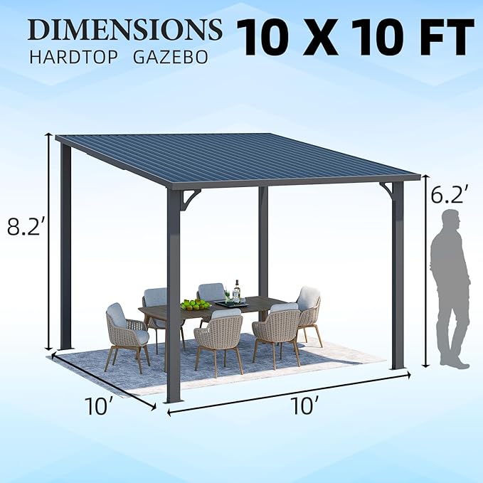 U-MAX 10' x 10' Outdoor Pergola Hardtop Gazebo, Wall-Mounted Heavy Duty Lean to Metal Awnings Gazebos on Clearance for Patio, Large Galvanized Steel Pergolas and Gazebo for Outdoor Use