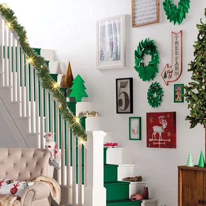 Nerosun 14.8 FT Artificial Christmas Garland, 50 Pre-Lit LED Mini String Lights Battery Operated Xmas Garland for Home Stair Railing Indoor Wedding Party Christmas Ornament Decorations (Warm White)