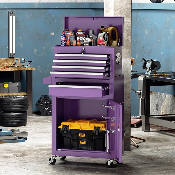 Crownland 5-Drawer Rolling Tool Chest with Wheels, Lockable 2 in 1 Detachable Tool Cabinet wit Drawers and Black Liners, Garage Top Toolbox & Bottom Storage Cart with Side Hooks(Purple)