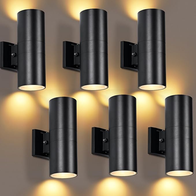 Dusk to Dawn Outdoor Wall Lights 6 Packs, Modern Outdoor Porch Lights with Bulbs, Integrated LED Cylinder Exterior Light Wall Mount, Up and Down Lighting Wall Sconce for House Porch Door