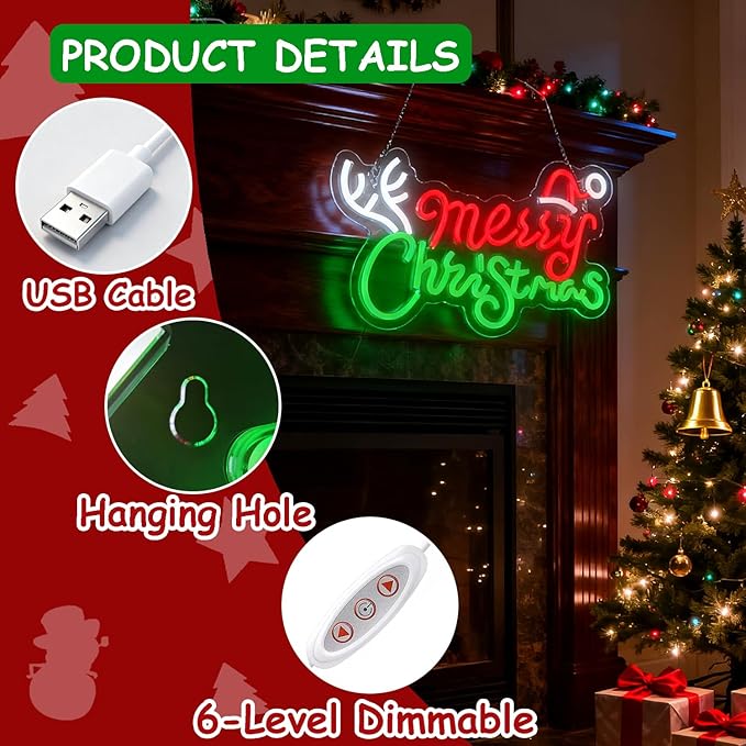 Merry Christmas Home Decor Elk Neon Sign Led Neon Christmas Lights Ornaments Tree Decorations Outdoor Neon Signs for Wall Decor USB Powered Led Neon Signs for Room Decoration