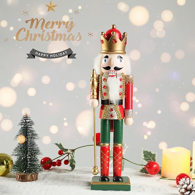 Christmas Nutcrackers Figure 15Inch 1PCS Wooden Nutcracker Ornament Nutcracker Christmas Decoration Figures for Desktop Home Decor Kids Gift Red