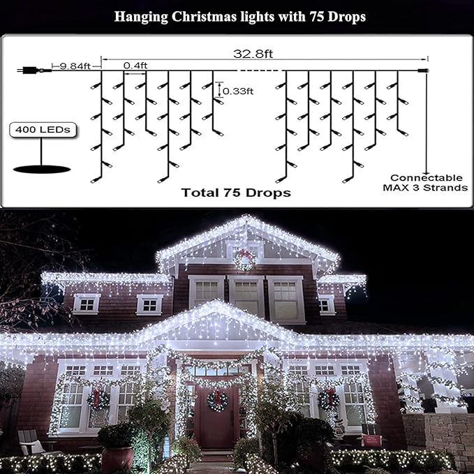Led Christmas Lights Outdoor Christmas Decorations Hanging Light 400LED 8 Modes 75 Drops, Waterproof Outdoor Indoor Fairy Christmas Lights for Party, Holiday, Wedding, Eaves Decorations (CoolWhite)