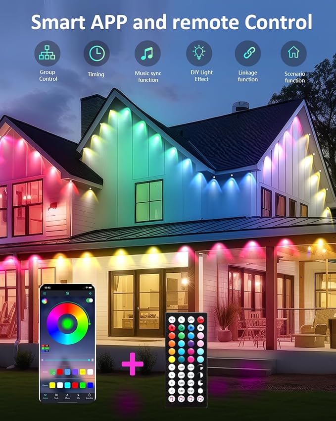 IVRICH Permanent Outdoor Lights, 300FT Smart RGB Eave Light with DIY Scene Modes, APP/Remote Control, IP67 Waterproof, Music Synchronization, Timer Function, for Christmas, Party, Holiday Decor