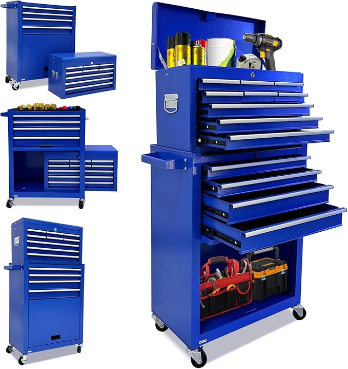 13-Drawer Rolling Tool Chest with Wheels,2 in 1 Detachable Rolling Tool box with Drawers,Large ToolBox with Lock,Mobile Steel Tool Cabinet Storage for Warehouse,Garage-Blue