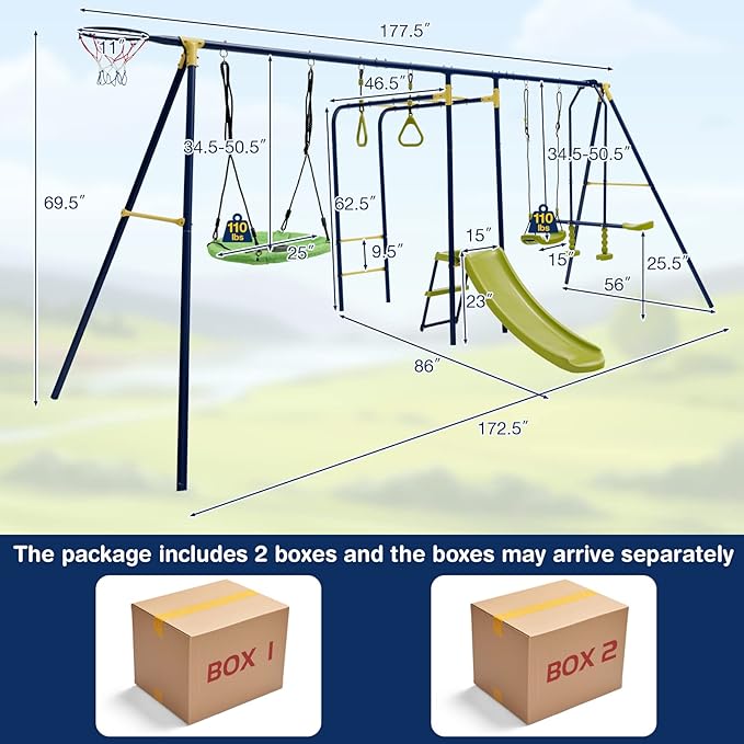 GLACER 7-in-1 Kids Swing Set w/ 2 Swings, Slide, Fun Glider, Gym Rings, Monkey Bars, Basketball Hoop, 660 LBS Swing Set for Kids, Heavy Duty Play Set for Backyard, Garden, Park