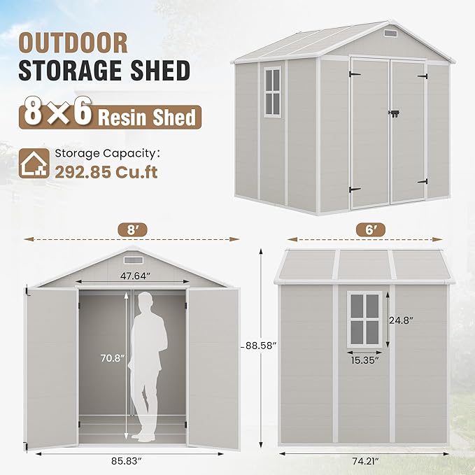 Amopatio 8x6 Storage Shed, Resin Outdoor Shed with Floor Included, Plastic Sheds Outdoor Storage for Bike, Garden Tools, Sheds & Outdoor Storage with Lockable Door, Window & Vents, Sandstone