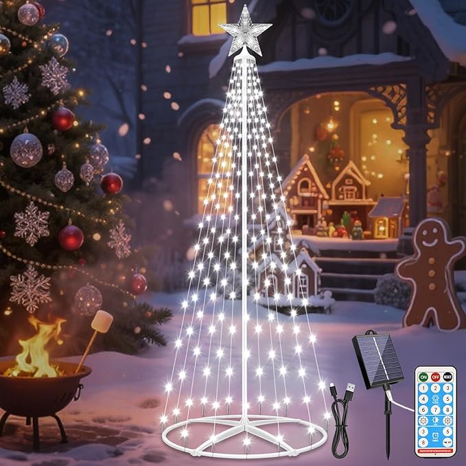Forlivese 202LED Outdoor Solar Christmas Tree Lights, 5FT Lighted Artificial Cone Tree with Remote, 8 Modes, USB Charge, Timer & Waterproof Christmas Tree Decor for Garden Yard Patio, Cold White