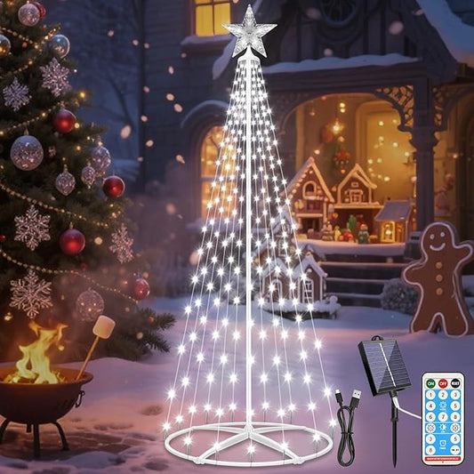 Forlivese 202LED Outdoor Solar Christmas Tree Lights, 5FT Lighted Artificial Cone Tree with Remote, 8 Modes, USB Charge, Timer & Waterproof Christmas Tree Decor for Garden Yard Patio, Cold White