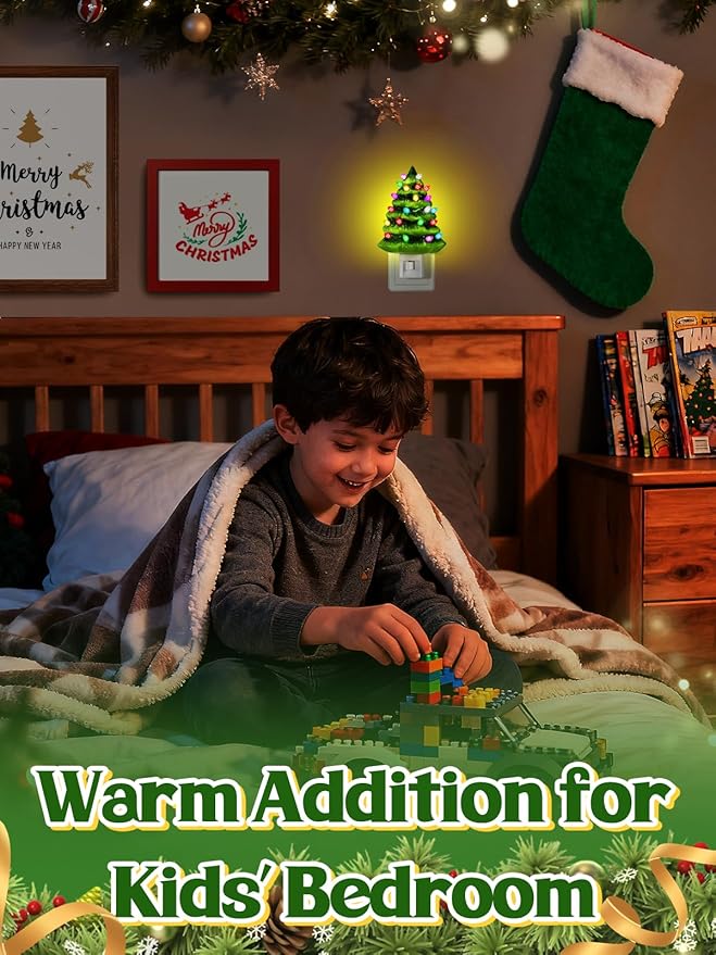 Bigmeta 2 Pack Vintage Christmas Tree Night Light Decor - 360° Rotating Plug Resin Decorations for Home Bedroom Bathroom Christmas Holiday Gifts, Green