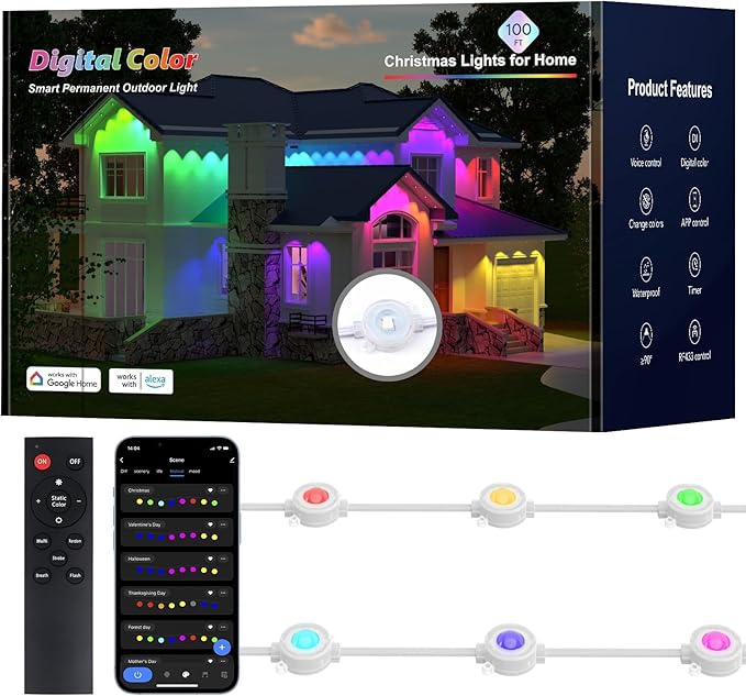 Permanent Outdoor Lights, 100ft with 60 LEDs Smart RGB, 68+ Scene Modes IP66 Waterproof, Alexa/Google Assistant Compatible Holiday Lighting for Christmas Halloween Patio Decor