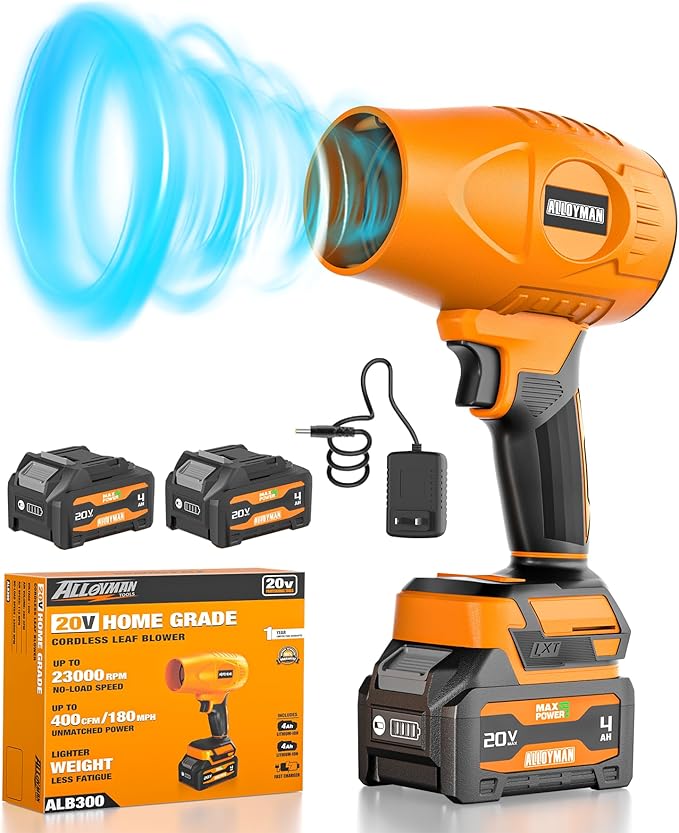 ALLOYMAN 20V Cordless Leaf Blower, 400CFM 180MPH Handheld Leaf Blower Cordless with Battery and Charger, Adjustable Speed Lightweight Blowers for Lawn Care, Patio, Leaves & Dust Cleaning