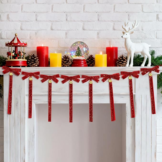 Christmas Velvet Bow Garland Banner with Bells, Glitter Red Ribbon Bows Christmas Jingle Bell Garland Bow Banner Xmas Ornaments for Mantel Fireplace Table Wall Staircase Office Home Xmas Tree Decor