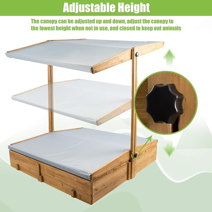 Wooden Sandbox with Lid, Kids Sandbox with Canopy Outdoor, Sandboxes with Covers Foldable Bench Seats for Backyard, UV-Resistant & Adjustable Height Roof, Gift for Ages 2-8 (47x47in)