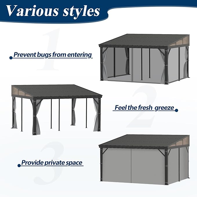 COVERONICS 12' X 14' Outdoor Lean to Gazebo - Wall-Mounted Aluminum Frame Gazebo with Slope Metal Roof, Patio Heavy-Duty Lean to Pergola with Netting & Curtains for Garden, Backyard, Deck