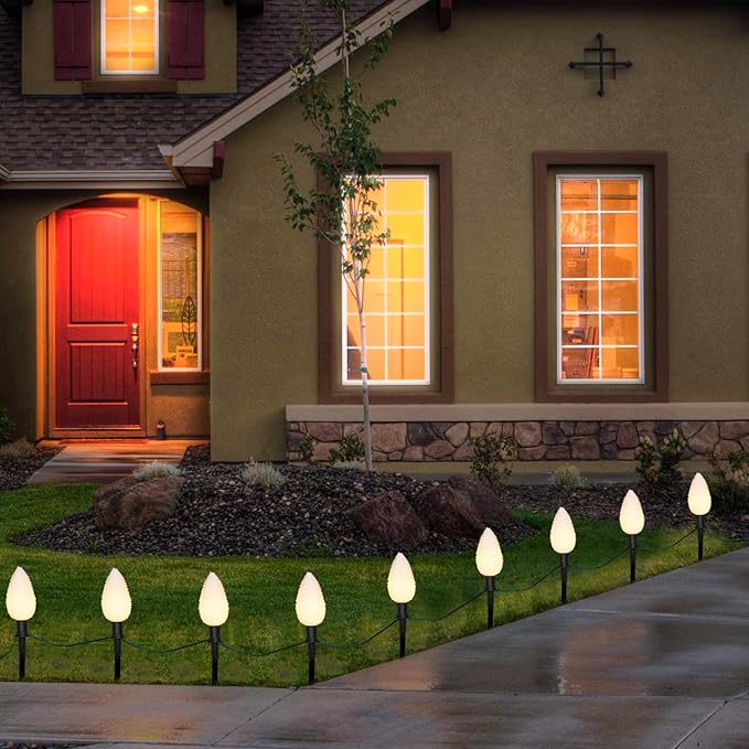 C9 Christmas Lights Outdoor Decorations Lawn with Pathway Marker Stakes, 7 Feet String Lights Covered 4 Jumbo Led White Pinecones for Holiday Time Outside Yard Garden Decor, 4 Lights